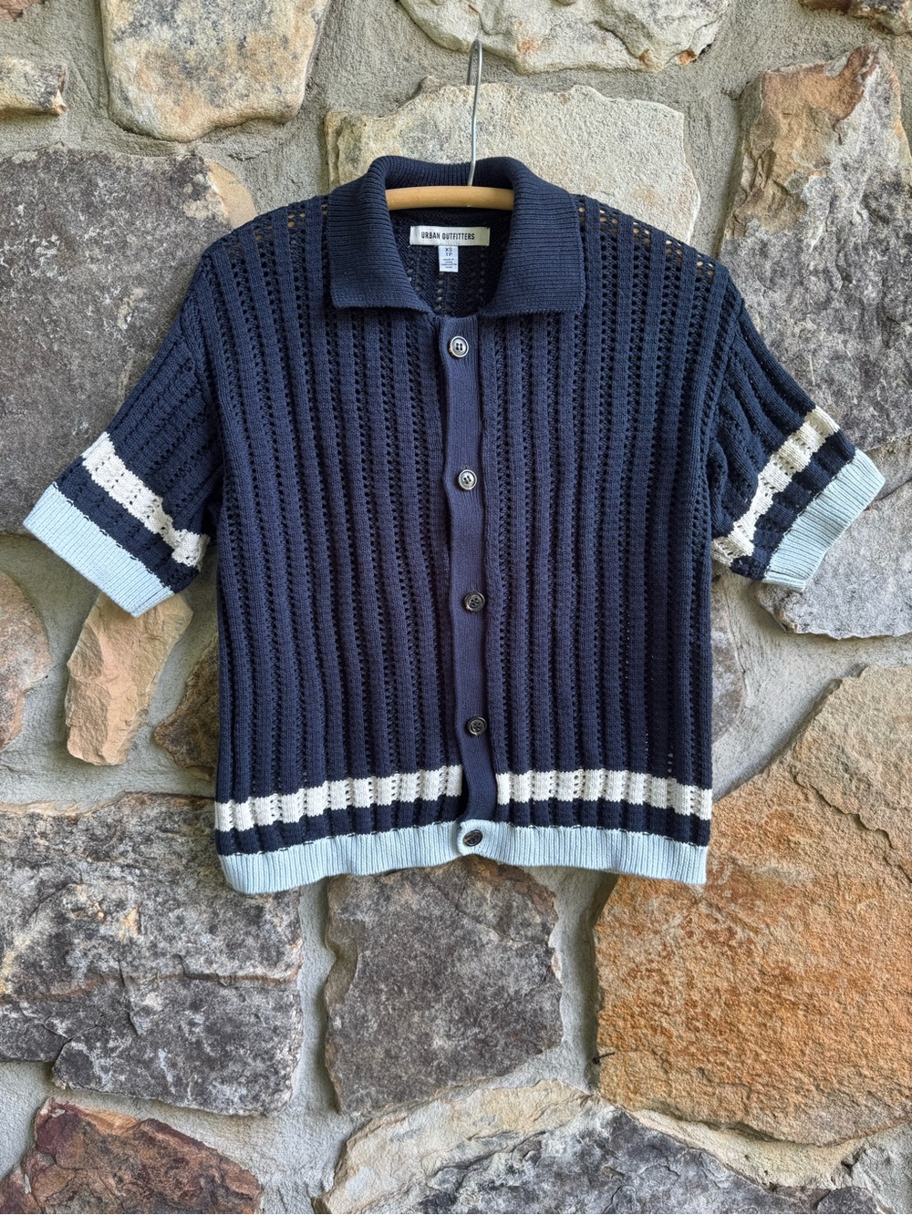 Urban Outfitters Navy Open-Knit Short Sleeve Button Cardigan 100% Cotton Dadcore